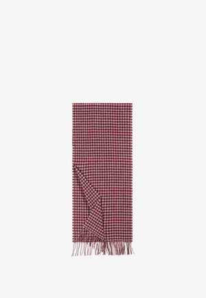 Woven scarf in maroon and pink houndstooth pattern, featuring fringe edges, soft texture, and rectangular shape.