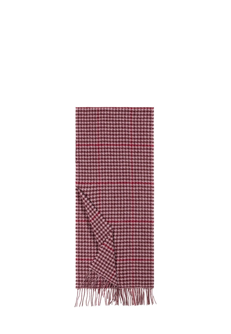 Woven scarf in maroon and pink houndstooth pattern, featuring fringe edges, soft texture, and rectangular shape.