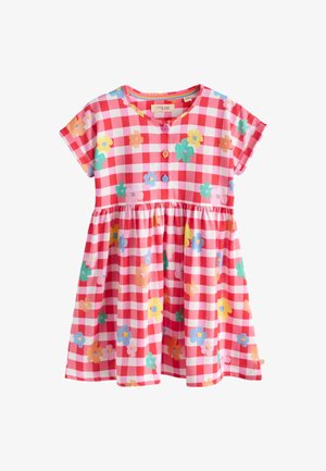 Kurzärmliges rot-weiß kariertes Kleid mit bunten Blumenmustern und drei Knöpfen am vorderen Oberteil.