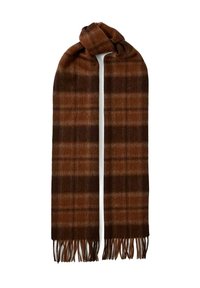 Sciarpa a quadri marrone e beige realizzata in materiale morbido, con bordi frangiati, di forma rettangolare e motivi a gradiente sottili su tutta la superficie.