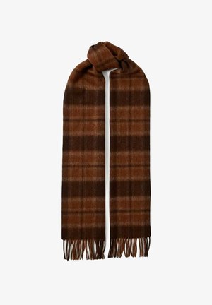 Sciarpa a quadri marrone e beige realizzata in materiale morbido, con bordi frangiati, di forma rettangolare e motivi a gradiente sottili su tutta la superficie.