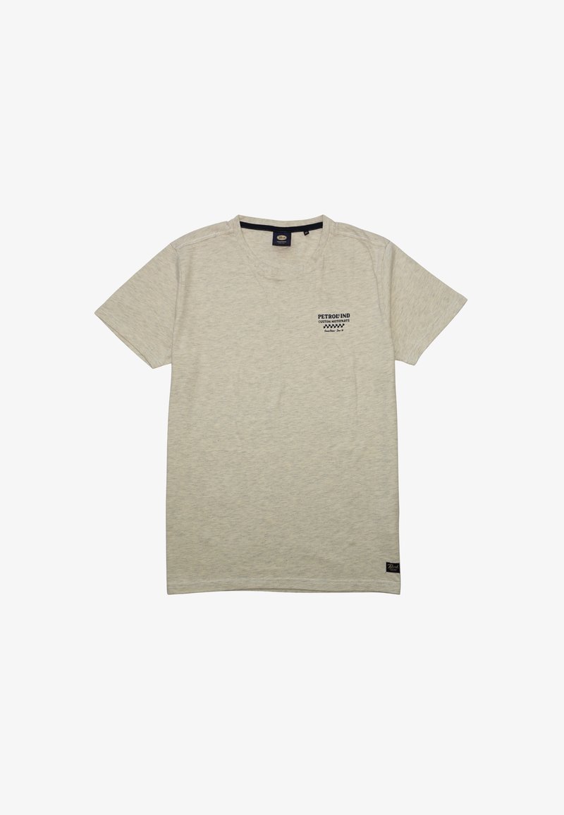 Svetlo siva majica kratkih rukava iz mekog, teksturiranega blaga. Ima majhen črn logotip na prsih in označeno etiketo na robu.