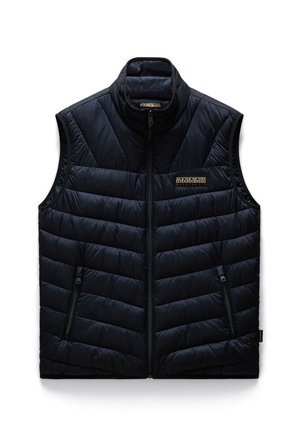 Marineblauwe puffer-vest met een hoge kraag, ritssluiting en diagonaal gestikt patroon. Heeft twee ritszakken aan de zijkant en logo-details.