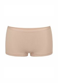Beige cotton hipster shorts with a smooth texture, elastic waistband, and no visible seams. Features a mid-rise cut for comfort.