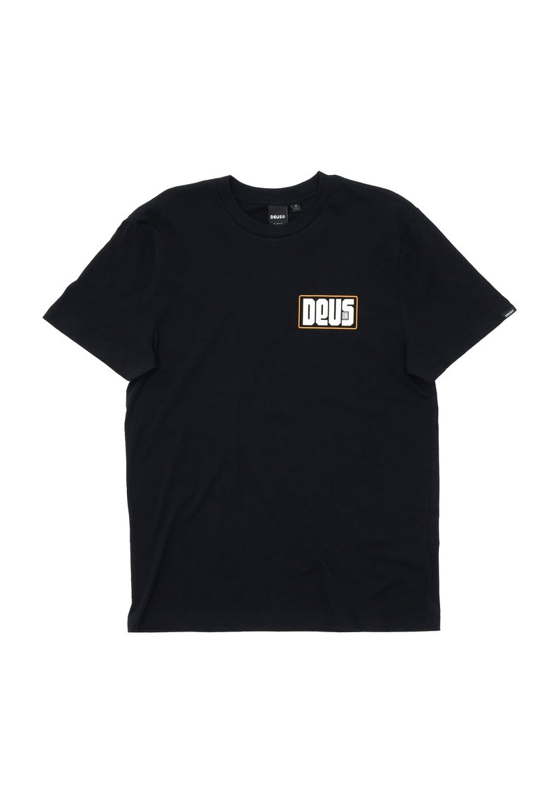 Black cotton t-shirt featuring short sleeves and a crew neck. Graphic text in white and orange reads "DEUS" on the left chest area.