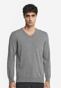Grau V-Ausschnitt Pullover mit langen Ärmeln, aus weichem Stoff. Mit gerippten Bündchen und Saum, die eine glatte, gleichmäßige Textur zeigen.