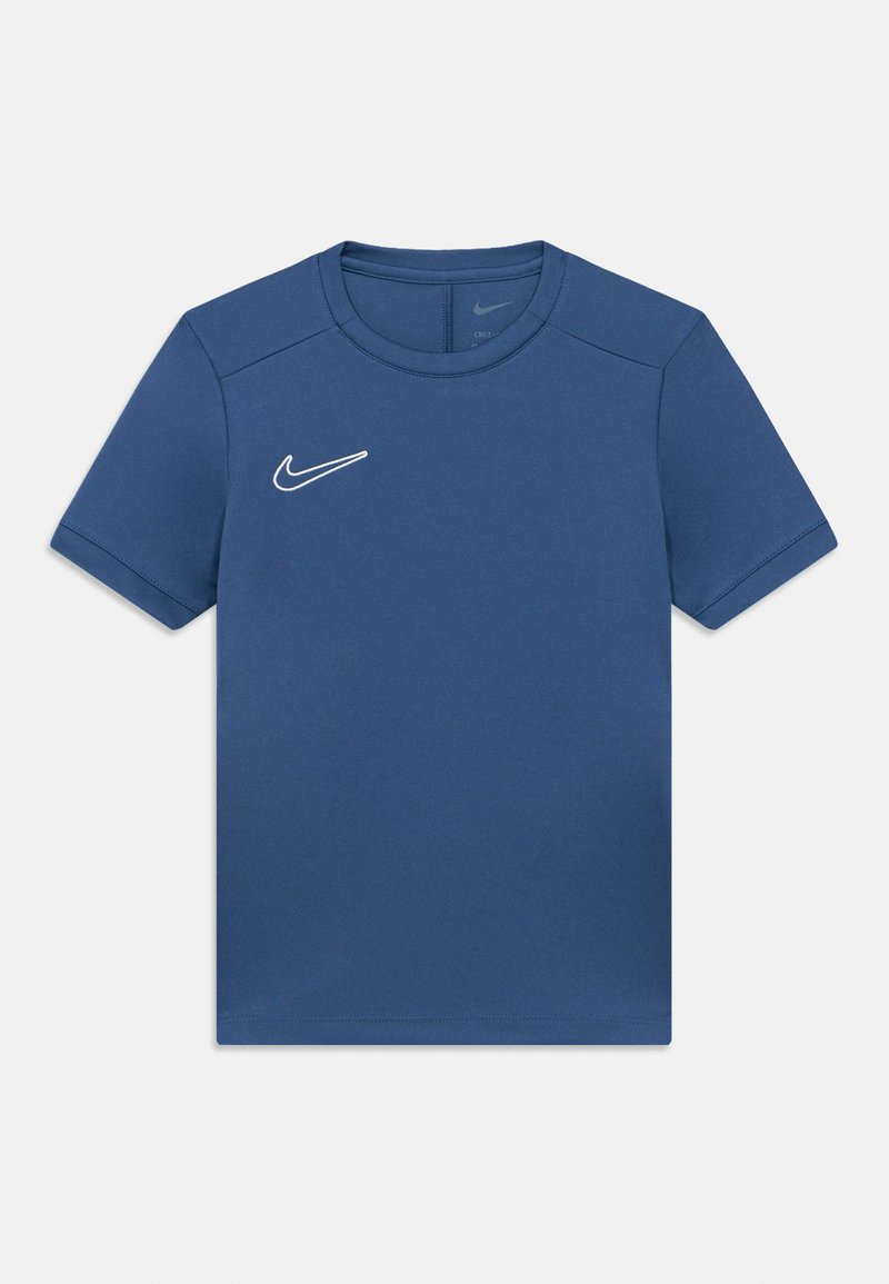 T-shirt à manches courtes Nike bleu marine avec un col rond et un logo blanc contrastant sur le côté gauche de la poitrine. Tissu lisse et texturé.