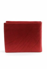 Red leather wallet featuring a textured surface, compact rectangular shape, and white stitching along the edges. No visible hardware.