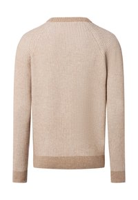 Beige gestreepte trui met ribbelstructuur. Heeft een ronde halslijn en lange mouwen. Zoom en manchetten in een effen lichtbruin.
