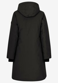 Zwarte, waterdichte parka met capuchon, met lange mouwen, een recht model en een gestructureerde stof. Geen zichtbare versieringen.