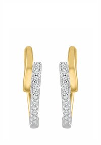 Złote i srebrne kolczyki o eleganckim, zakrzywionym kształcie z rzędem przejrzystych, lśniących kamieni po jednej stronie.