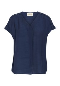Chemisier bleu marine à manches courtes, avec un décolleté en V et des détails en dentelle sur les coutures des épaules. Fabriqué en tissu léger.