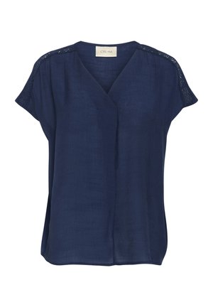Navy blue blouse with short sleeves, featuring a v-neckline and lace detailing on shoulder seams. Made from lightweight fabric.