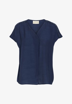 Navy blue blouse with short sleeves, featuring a v-neckline and lace detailing on shoulder seams. Made from lightweight fabric.
