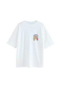 Fehér pamut rövid ujjú póló, elöl színes italdobozos mintával és "Friss és Finom" felirattal.