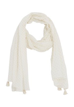 Écharpe beige clair avec petits motifs floraux jaunes et pompons aux quatre coins, disposée librement en forme de boucle.