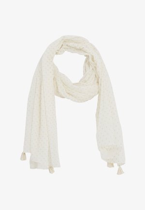 Écharpe beige clair avec petits motifs floraux jaunes et pompons aux quatre coins, disposée librement en forme de boucle.