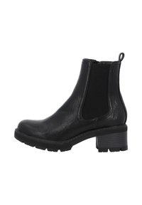 Bottines en cuir noir avec des panneaux lat éraux élastiques, bout rond et un talon carré texturé. Dotées d'une languette pour un enfilage facile.