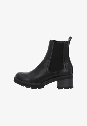 Czarne skórzane botki za kostkę z elastycznymi panelami bocznymi, okrągłym czubkiem oraz teksturowanym obcasem w kształcie bloku. Posiadają pętlę ułatwiającą zakładanie.