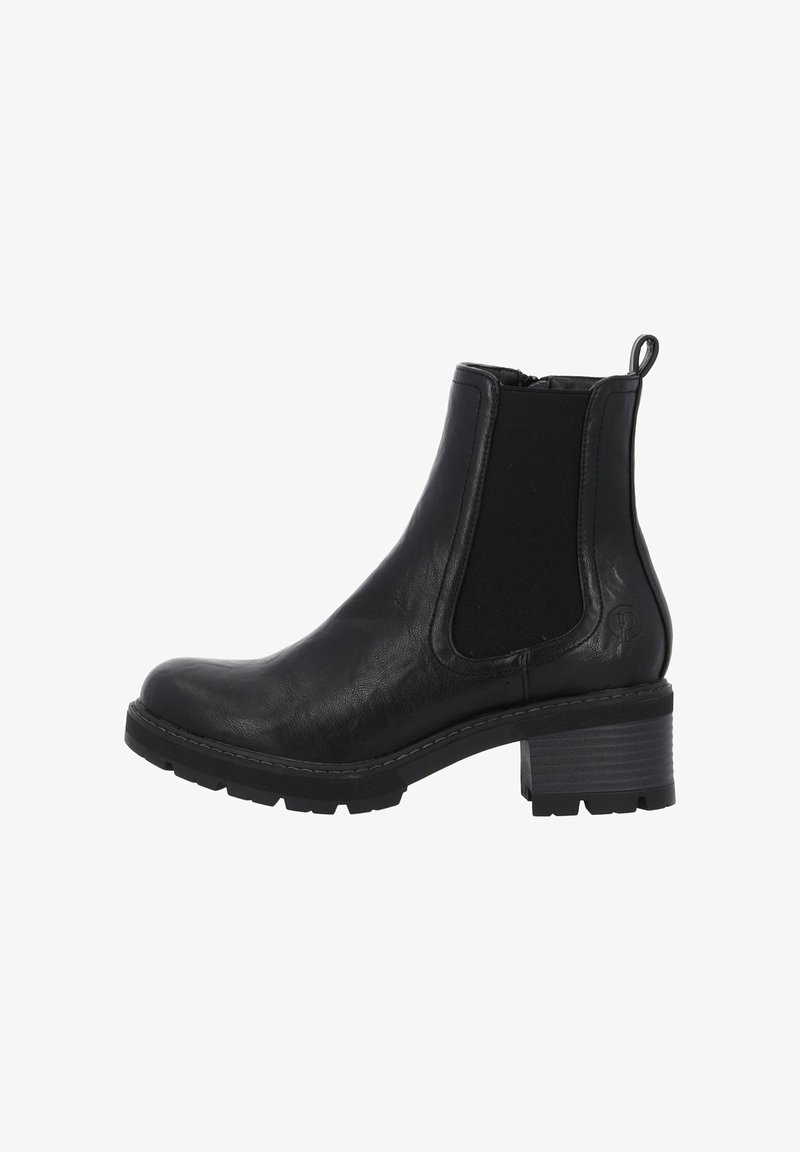 Stivale alla caviglia in pelle nera con pannelli elastici laterali, punta rotonda e tacco a blocco testurizzato. Presenta una linguetta per una facile calzata.