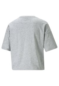 Harmaa lyhythihainen crop-top, joka on valmistettu pehmeästä puuvillakankaasta. Yksinkertainen muotoilu, jossa on pyöreä kaula-aukko ja ilman näkyviä kuvioita tai yksityiskohtia.