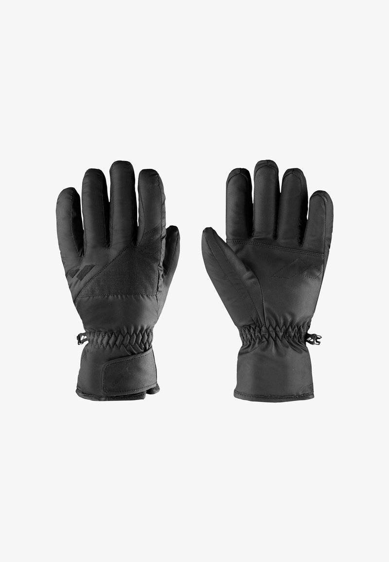 Paar schwarze isolierte Winterhandschuhe mit verstellbaren Handgelenkriemen und elastischen Bündchen, Vorder- und Rückseite gezeigt.