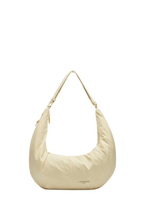 Hobo-Tasche aus weichem crèmefarbenem Stoff, mit einer curvy Form, verstellbarem Tragegurt und goldfarbigen Akzenten. Reißverschlussverschluss und geprägtes Markenlogo.