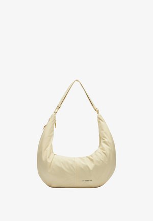 Borsa hobo in morbido tessuto crema, caratterizzata da una forma curvata, tracolla regolabile e dettagli dorati. Chiusura con zip e logo del marchio stampato.