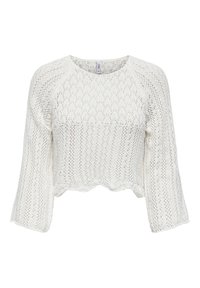Pull en maille blanche, court, avec un motif en dentelle, des manches larges et un ourlet festonné. Fabriqué à partir d'un matériau léger avec une finition texturée.