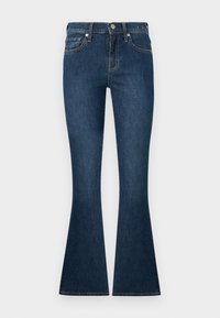 Jean flare bleu foncé à taille haute, en denim, avec cinq poches et des détails de couture contrastés.