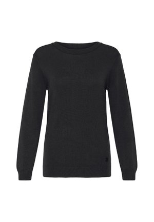 Juodas ilgomis rankovėmis megztinis, pagamintas iš trikotažo audinio. Sukurtas su apvaliu kaklu ir šonkačiais rankogaliais. Diskretiškas logotipas prie apatinės dalies. Bendras paviršius lygus.