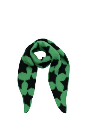 Green scarf with black star patterns, folded in a loop with pointed ends visible against a white background.