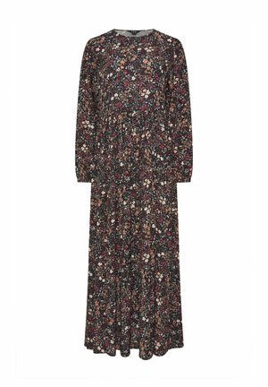 Kukallinen maksimekko pitkillä hihoilla, jossa on musta tausta ja monivärisiä kukkia punaisen, valkoisen ja oranssin sävyissä.