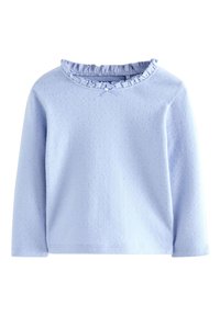 Hellblaues langärmeliges Oberteil aus strukturiertem Stoff, mit einem gerafften Ausschnitt und einer kleinen Schleifenverzierung vorne.