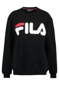 Sudadera negra de manga larga con puños acanalados, que presenta un gran logo de FILA en blanco y rojo en la parte delantera. Material de algodón suave.
