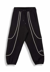 Zwarte trainingsbroek met witte piping langs de zijkanten, voorzien van een elastische tailleband, zijzakken en een logo-opdruk aan de zoom.