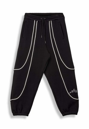 Schwarze Sweatpants mit weißen Paspeln an den Seiten, ausgestattet mit einem elastischen Bund, Seitentaschen und einem Logo-Detail am Saum.