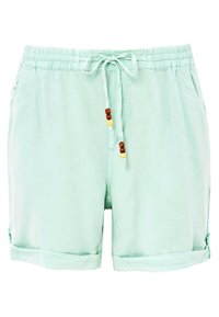 Shorts vert menthe en tissu léger. Dotés d'une taille élastique, d'un cordon avec perles en bois et d'un ourlet roulé.