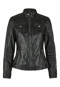 Schwarze Lederjacke mit hohem Kragen, zwei Brusttaschen, seitlichen Reißverschlusstaschen und subtilen Nähdetails, mit einer figurnahen Silhouette.