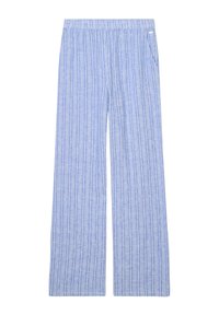 Lichtblauwe gestreepte wijde broek met een elastische tailleband en zijzakken, gemaakt van een zachte, ademende stof.