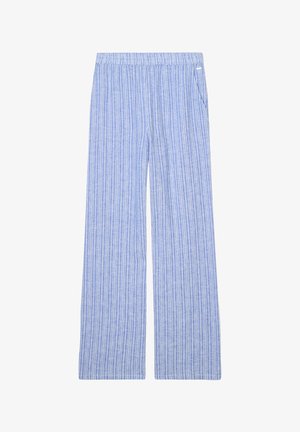 Lichtblauwe gestreepte wijde broek met een elastische tailleband en zijzakken, gemaakt van een zachte, ademende stof.