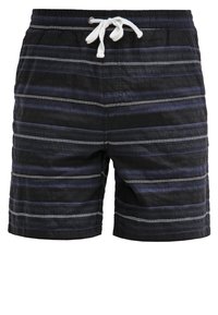 Short de bain noir avec des rayures horizontales bleu foncé et blanches et un cordon blanc à la taille élastique.