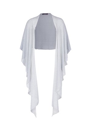 Lightweight, open-front shawl in sheer white fabric. Features fluttering sleeves and a cropped back design with subtle texture.