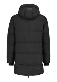 Black puffer jacket featuring a hood, horizontal quilted pattern, elastic cuffs, and a subtle logo detail on the back.