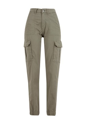 Pantalons cargo verts olive en mélange de coton avec une taille haute, des jambes fuselées, des poches latérales et des poignets élastiques aux chevilles.