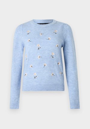 Hele sinine kampsun lilleliste tikanditega, ümmarguse kaelusega, pikkade varrukatega ja soonikkoes mansettidega. Pehme tekstuur ja keha järgnev disain.