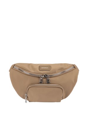 Marsupio in tessuto beige con due scomparti con zip e tiretti argentati, con una piccola etichetta "Bogner" sul davanti.