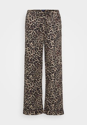 Pantalones de pierna ancha con estampado de leopardo, confeccionados en una tela suave, que cuentan con una cintura ajustable con cordón y un patrón texturizado de manchas marrón oscuro y negro sobre fondo beige.