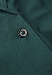 Tyrkysová látka s hladkým povrchem, se černým knoflíkem se čtyřmi dírkami a malým potiskem tlapky, poblíž detailu švu.