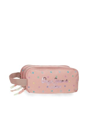 Estuche rectangular de tela rosa con doble cremallera, patrones de estrellas multicolores y bordado "Pepe Jeans London" en el frente, asa lateral.